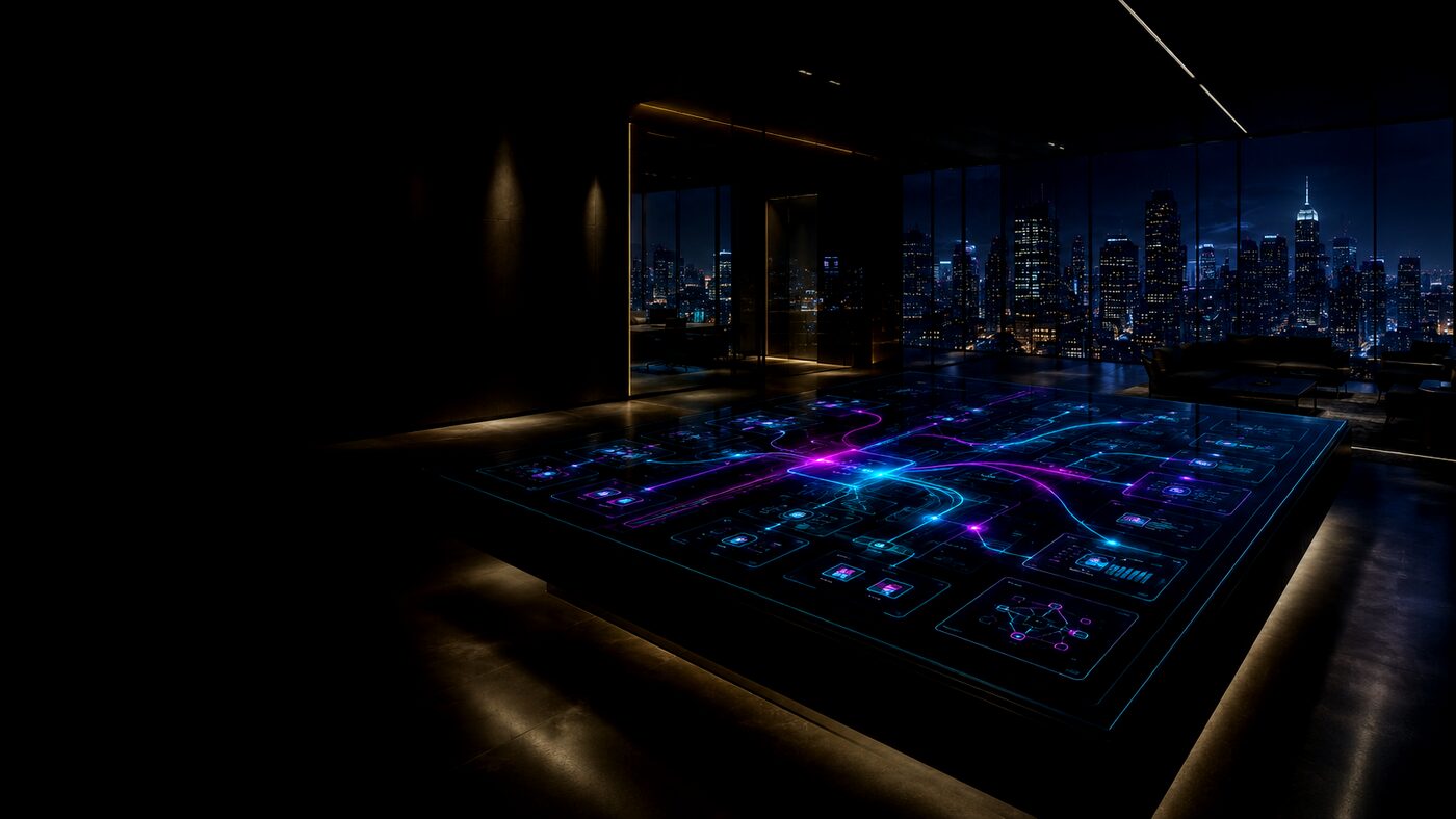 A holographic table showing a business workflow running through its stages on its own