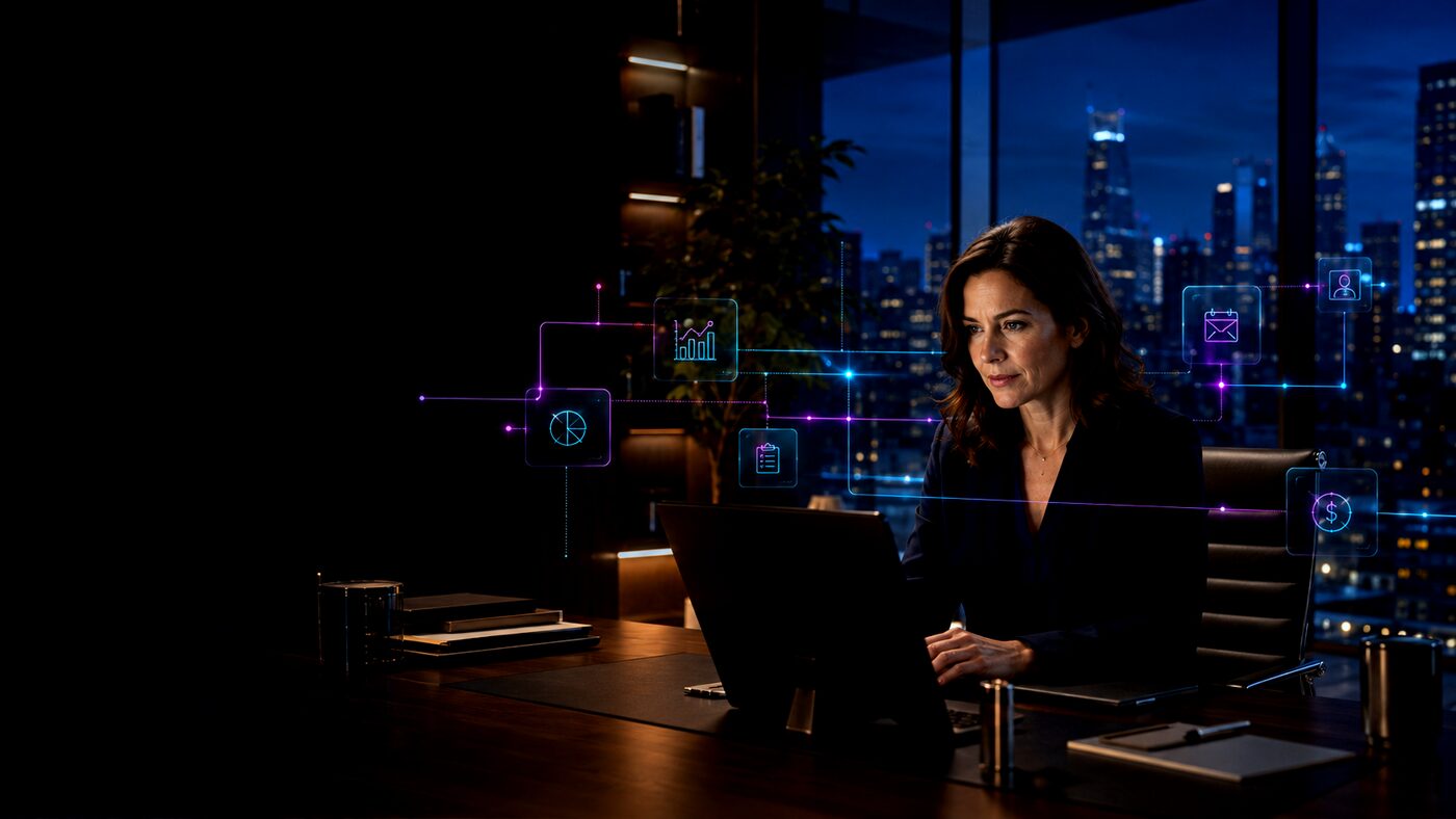 An executive's desk with floating app and workflow icons above it — scattered tools being pulled together into one system