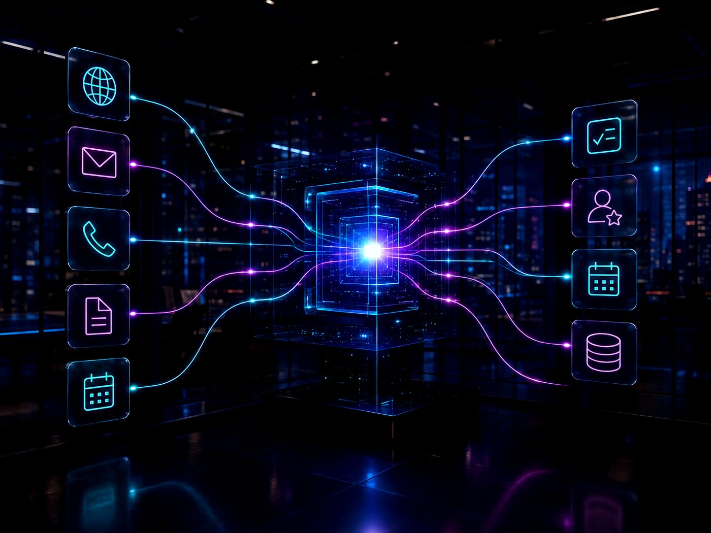 A central hub connected by glowing lines to surrounding nodes — separate business tools wired into one automated flow