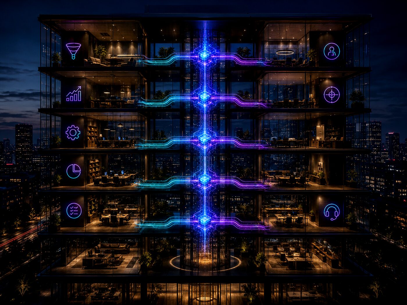A tower shown floor by floor, each floor a different department icon — the whole operation stacked into one connected structure