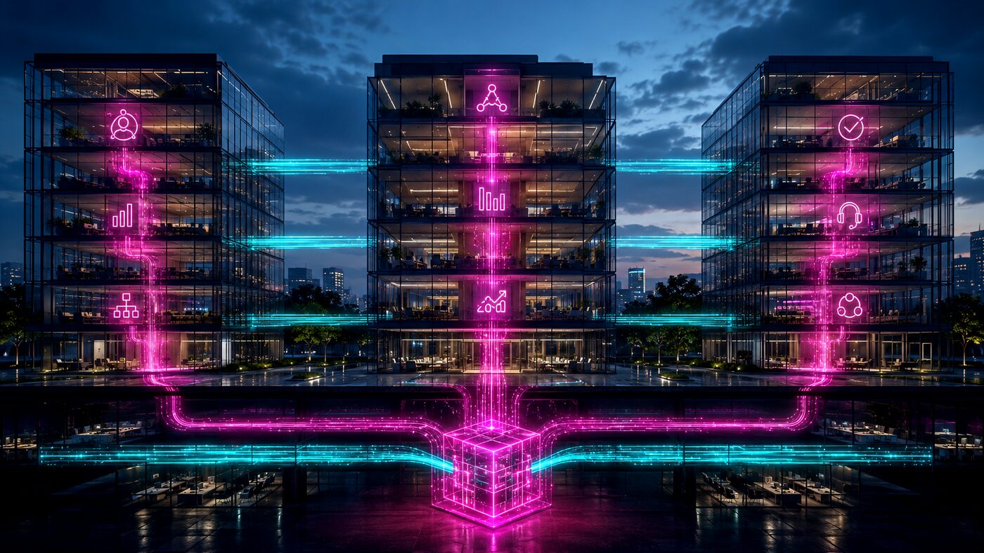 Three connected towers shown side by side as one triptych — separate departments unified into a single operational view