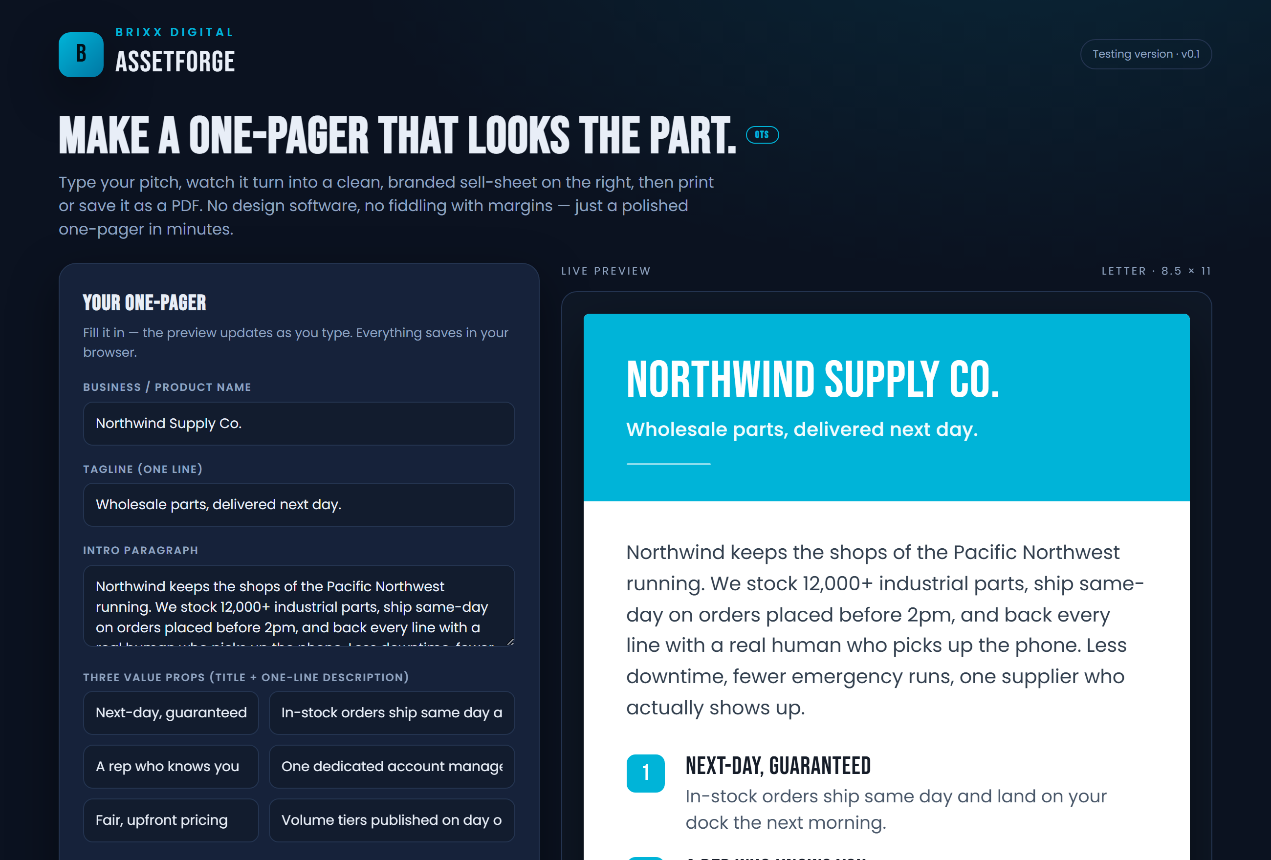 Screenshot of the AssetForge Social & One-Pagers