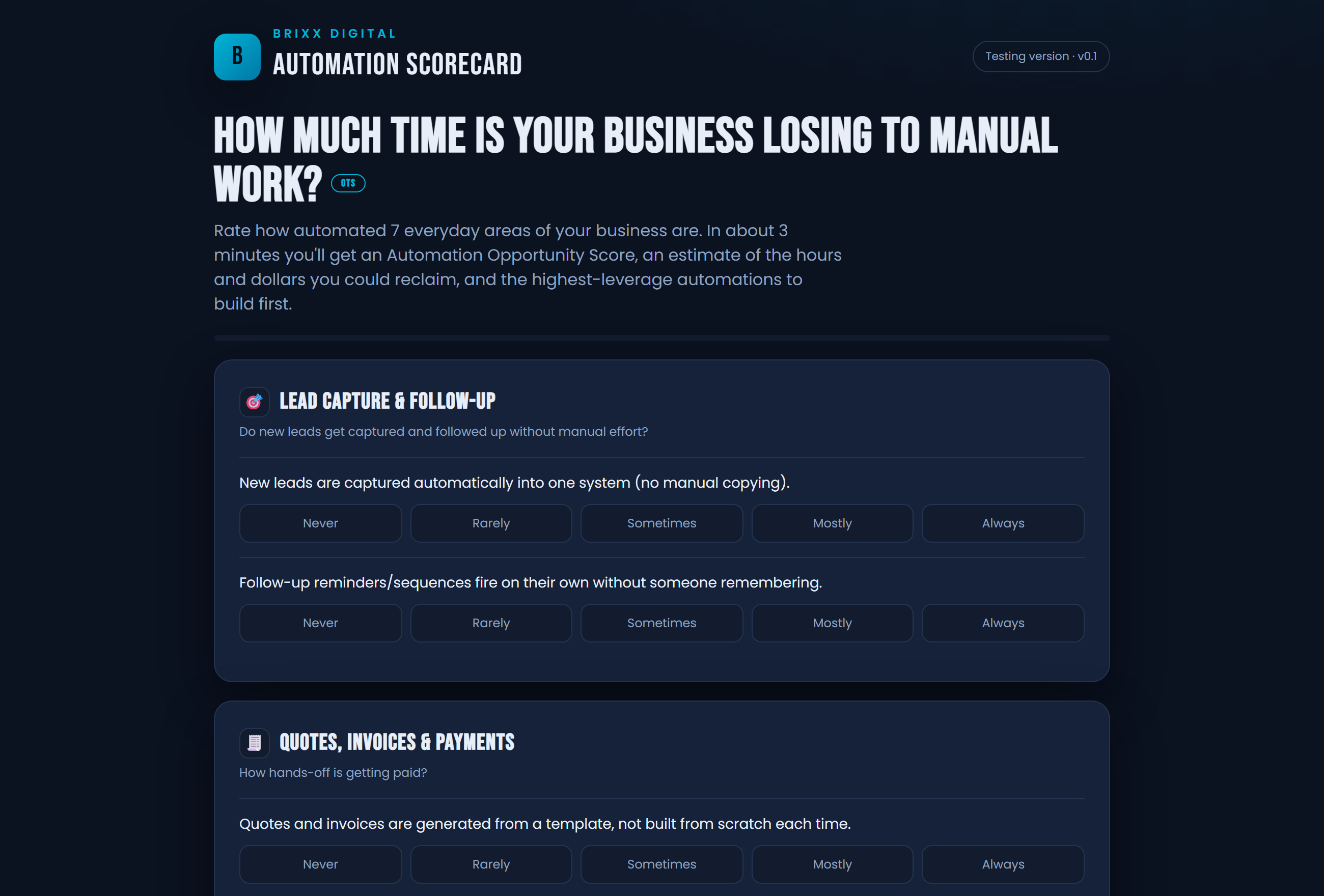 Screenshot of the Automation Scorecard tool