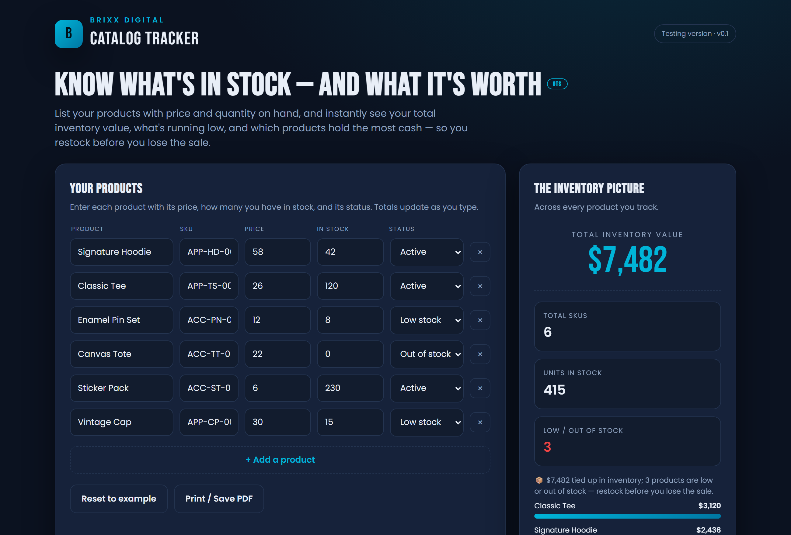 Screenshot of the Catalog Tracker Inventory