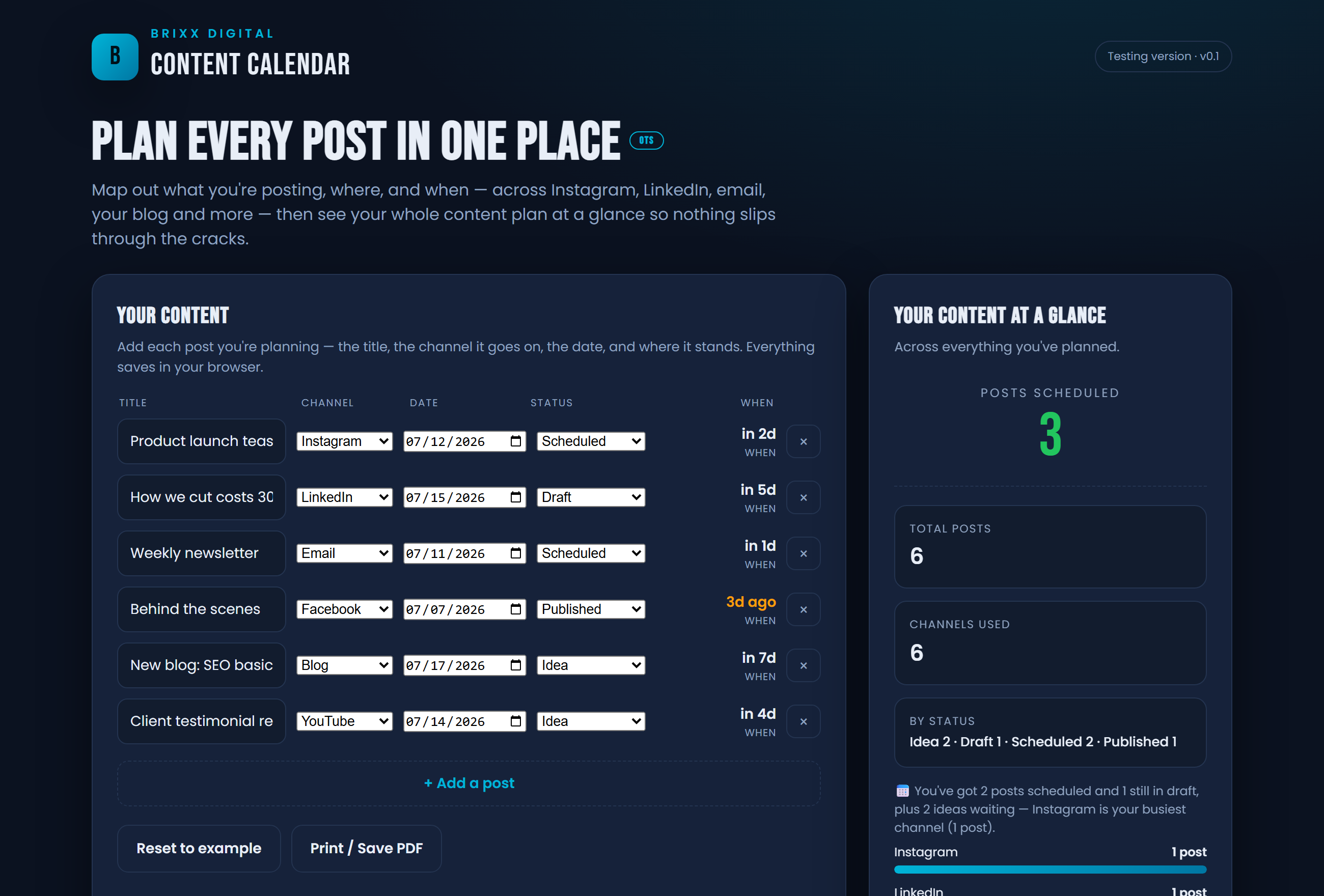 Screenshot of the Content Calendar Multi-Channel Planner