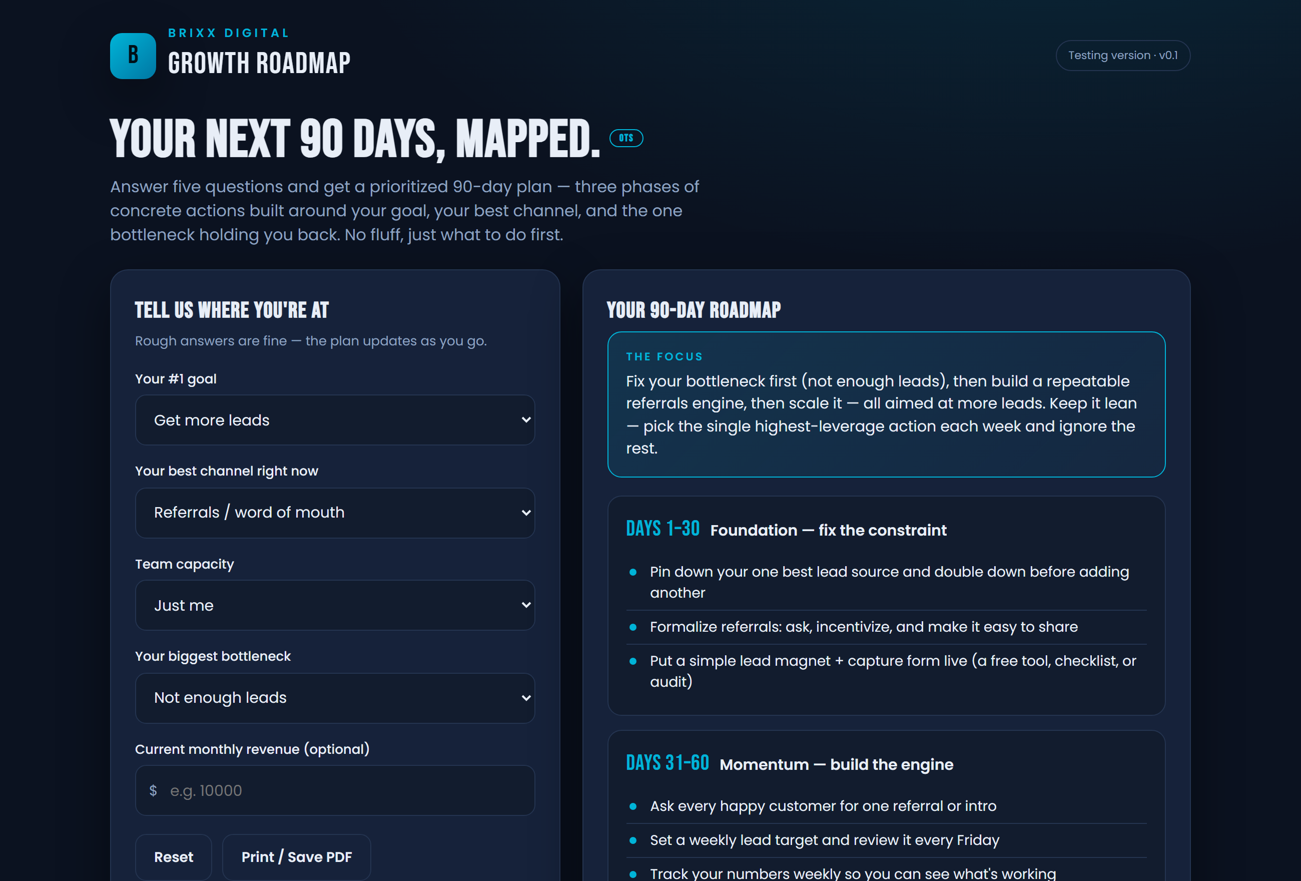 Screenshot of the Growth Roadmap tool