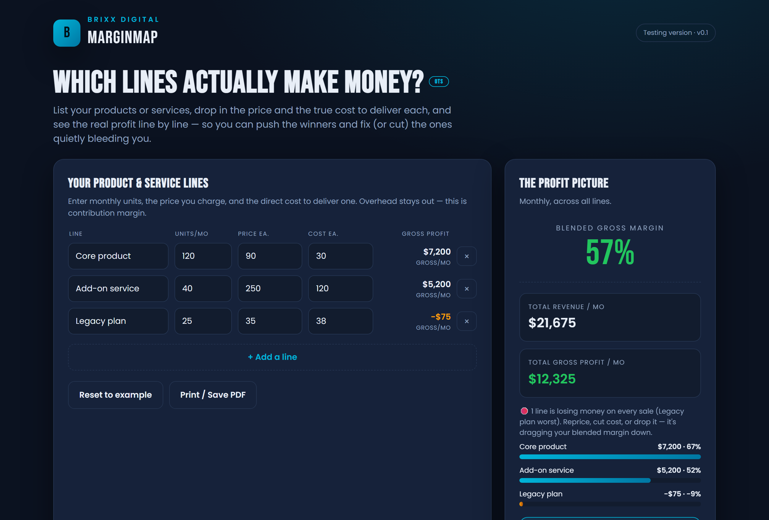 Screenshot of the MarginMap Profitability by Line