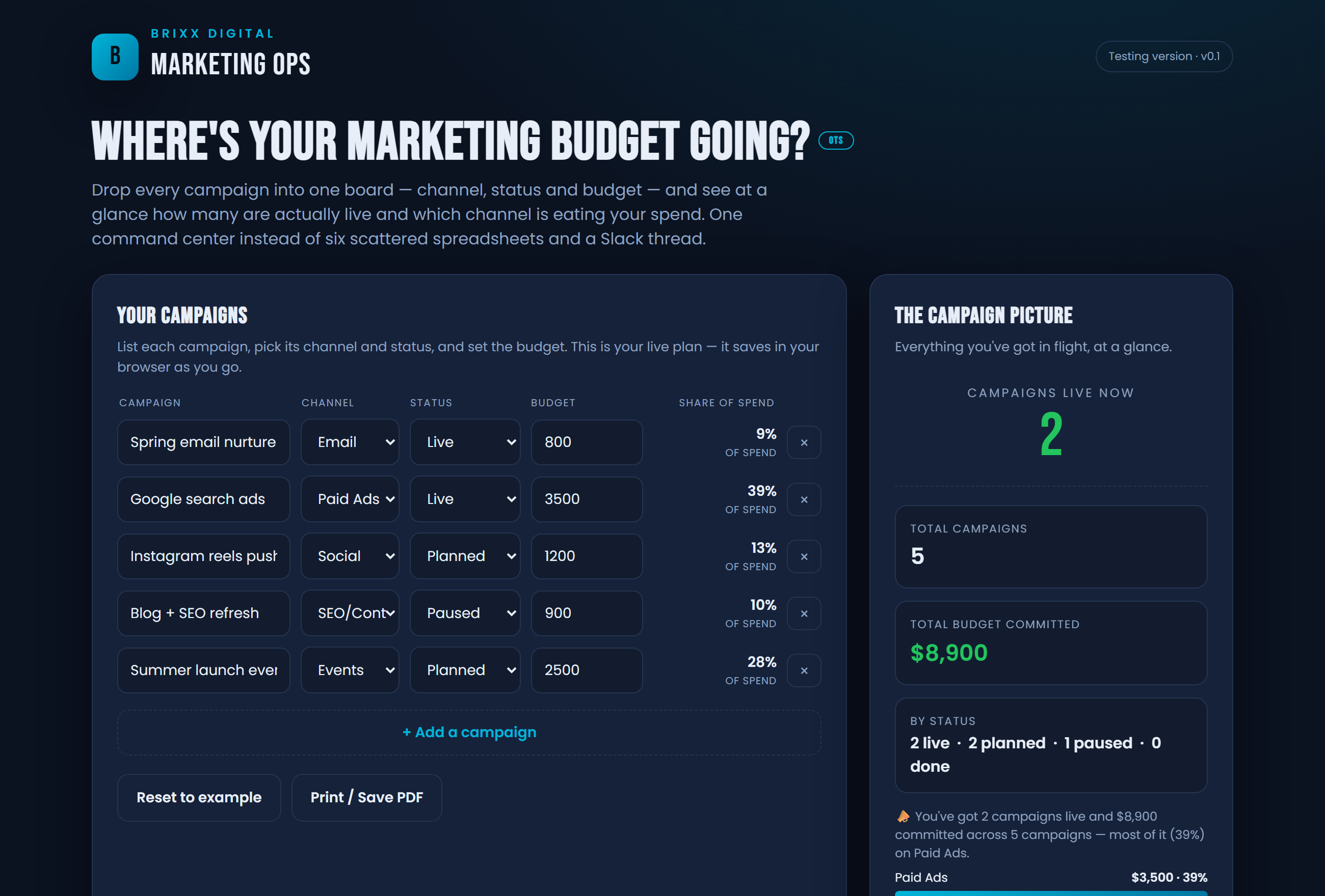 Screenshot of the Marketing Ops Command Center