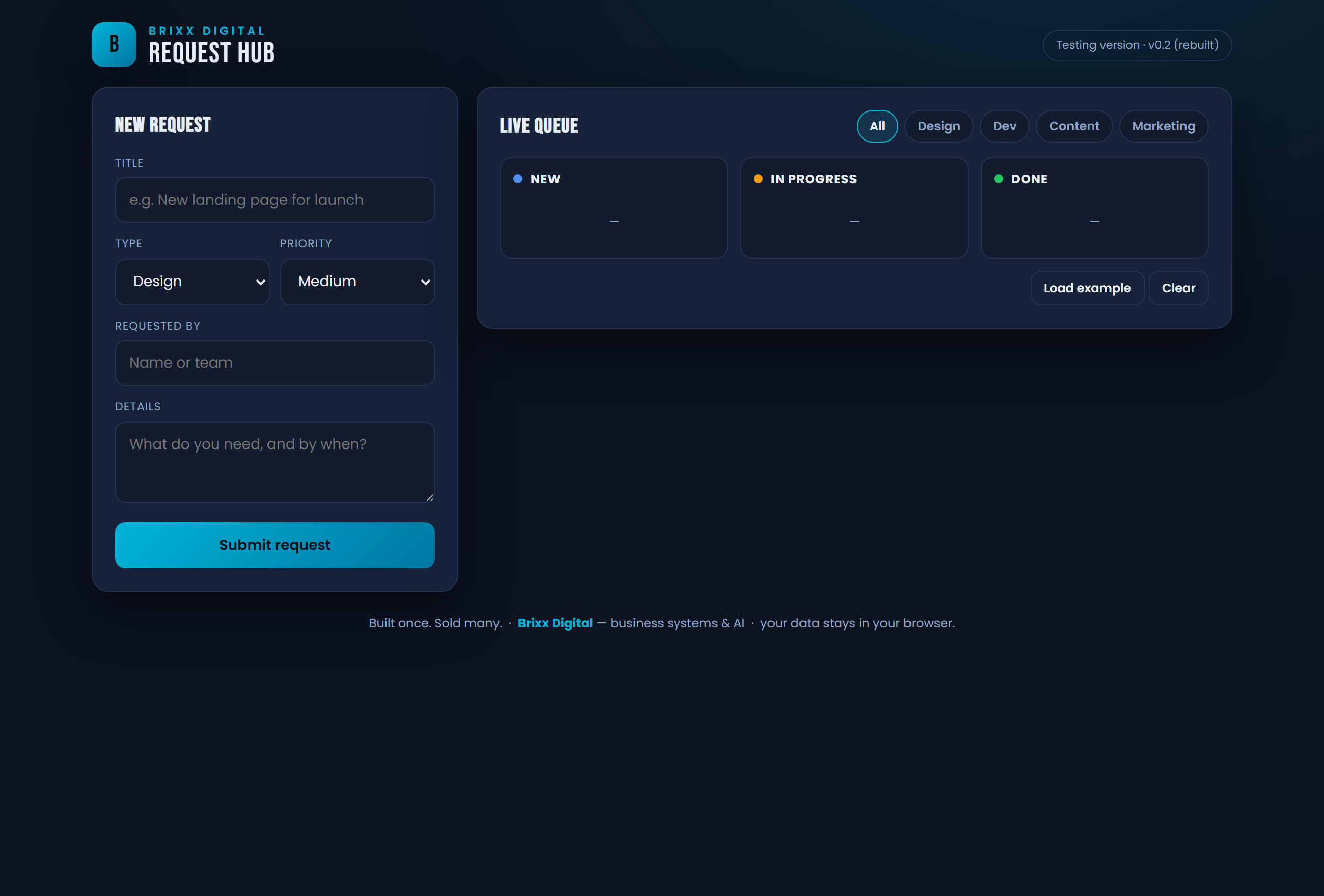 Screenshot of the Request Hub Onboarding & Intake