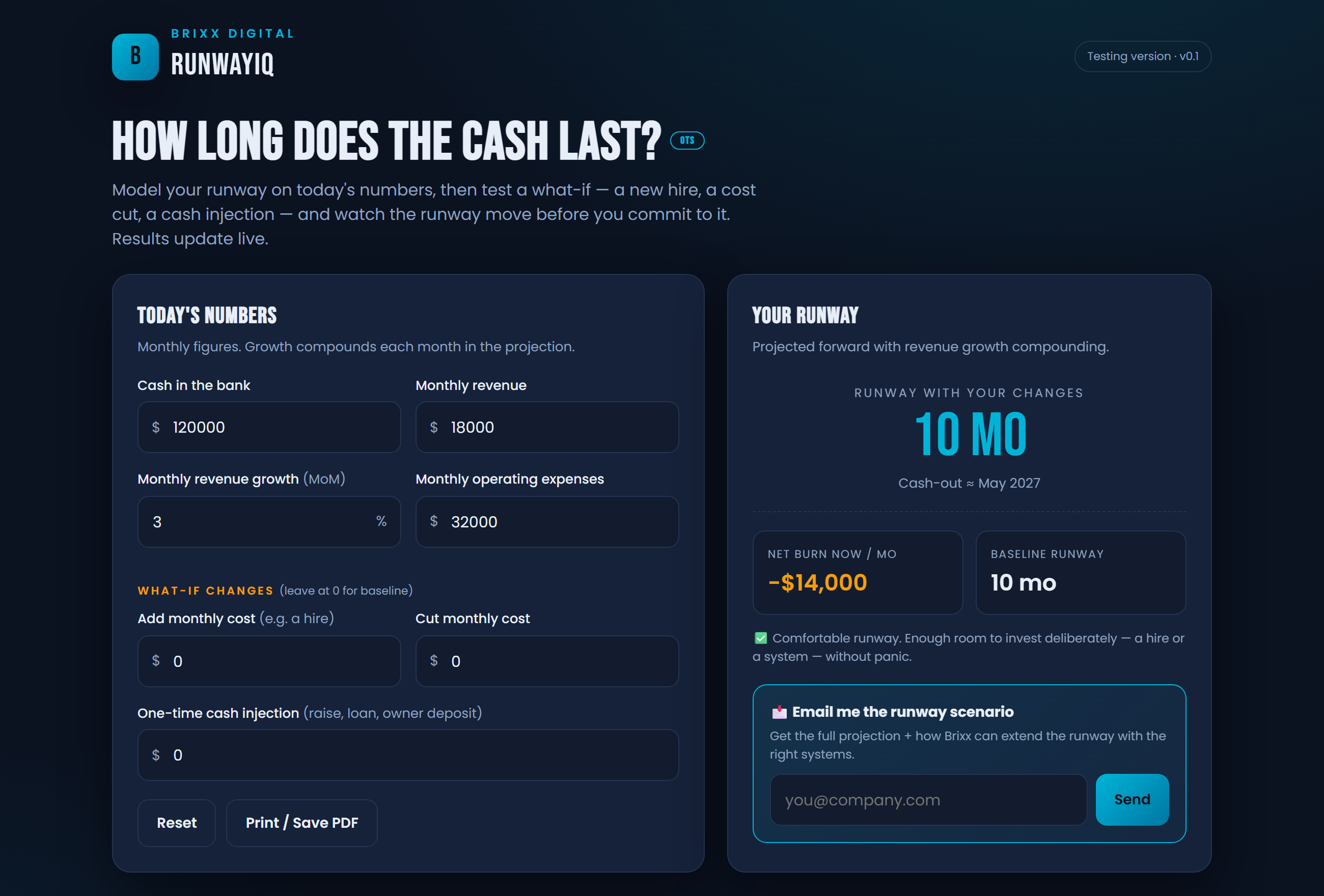 Screenshot of the RunwayIQ Cash Runway Forecaster