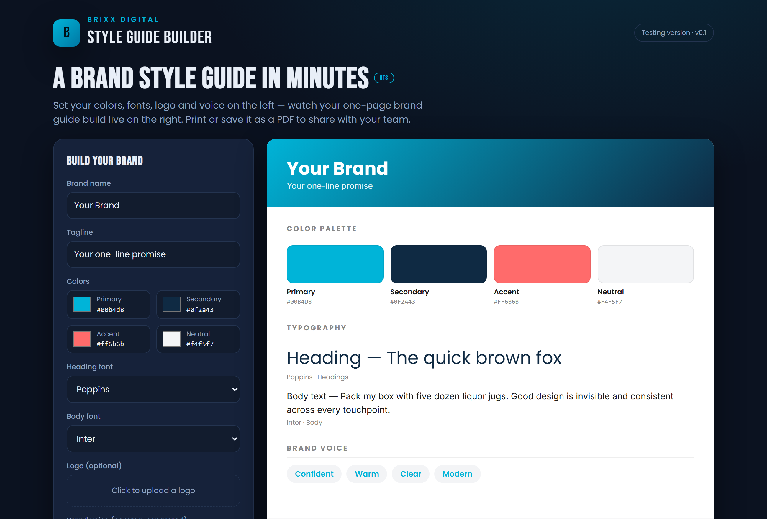 Screenshot of the StyleGuide Brand Kit Builder